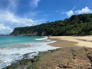 Una playa con aguas turquesas cristalinas, una orilla de arena y un acantilado cubierto de bosque.
