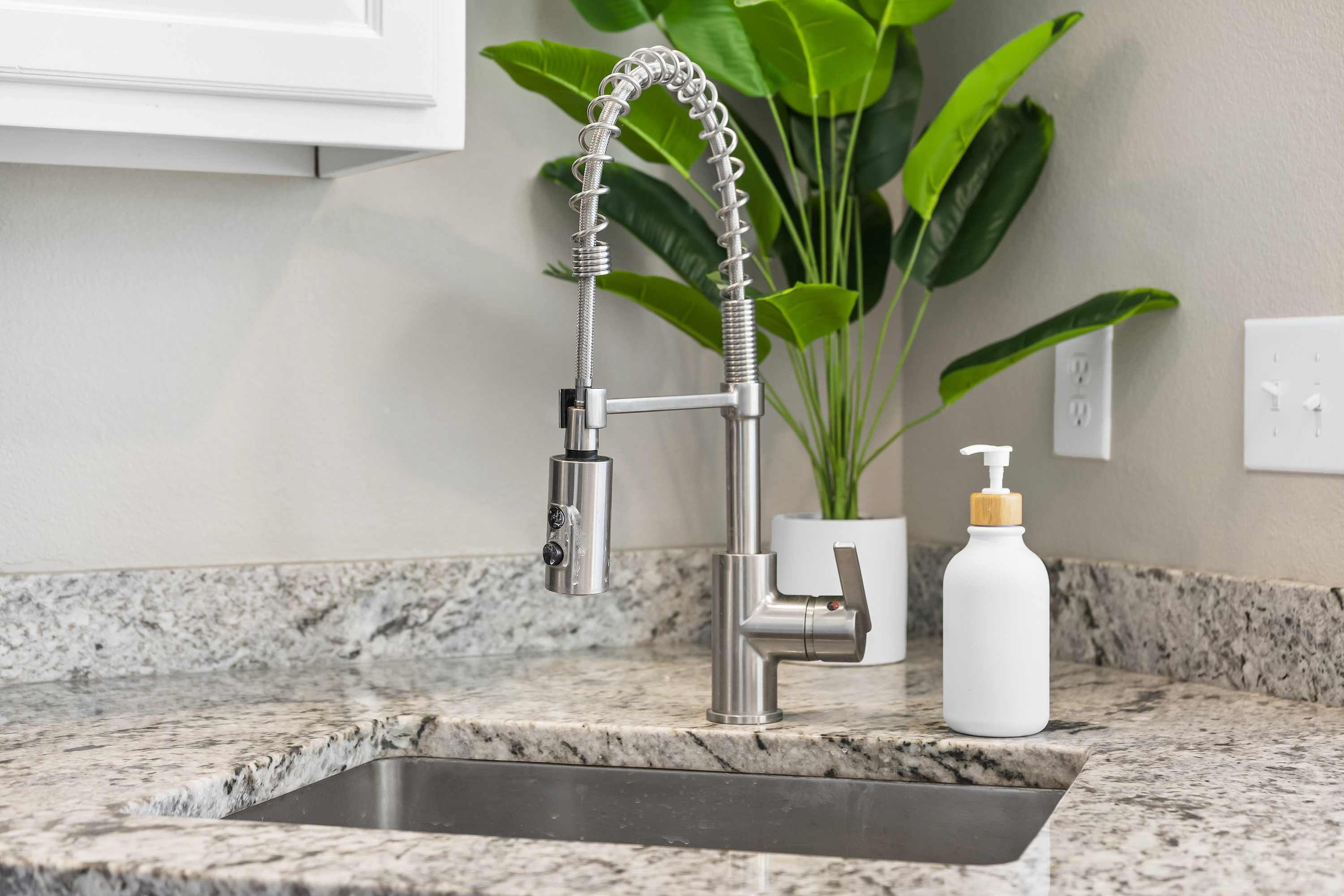 A kitchen with a stainless steel sink, a modern faucet, a white soap dispenser, and a potted plant.