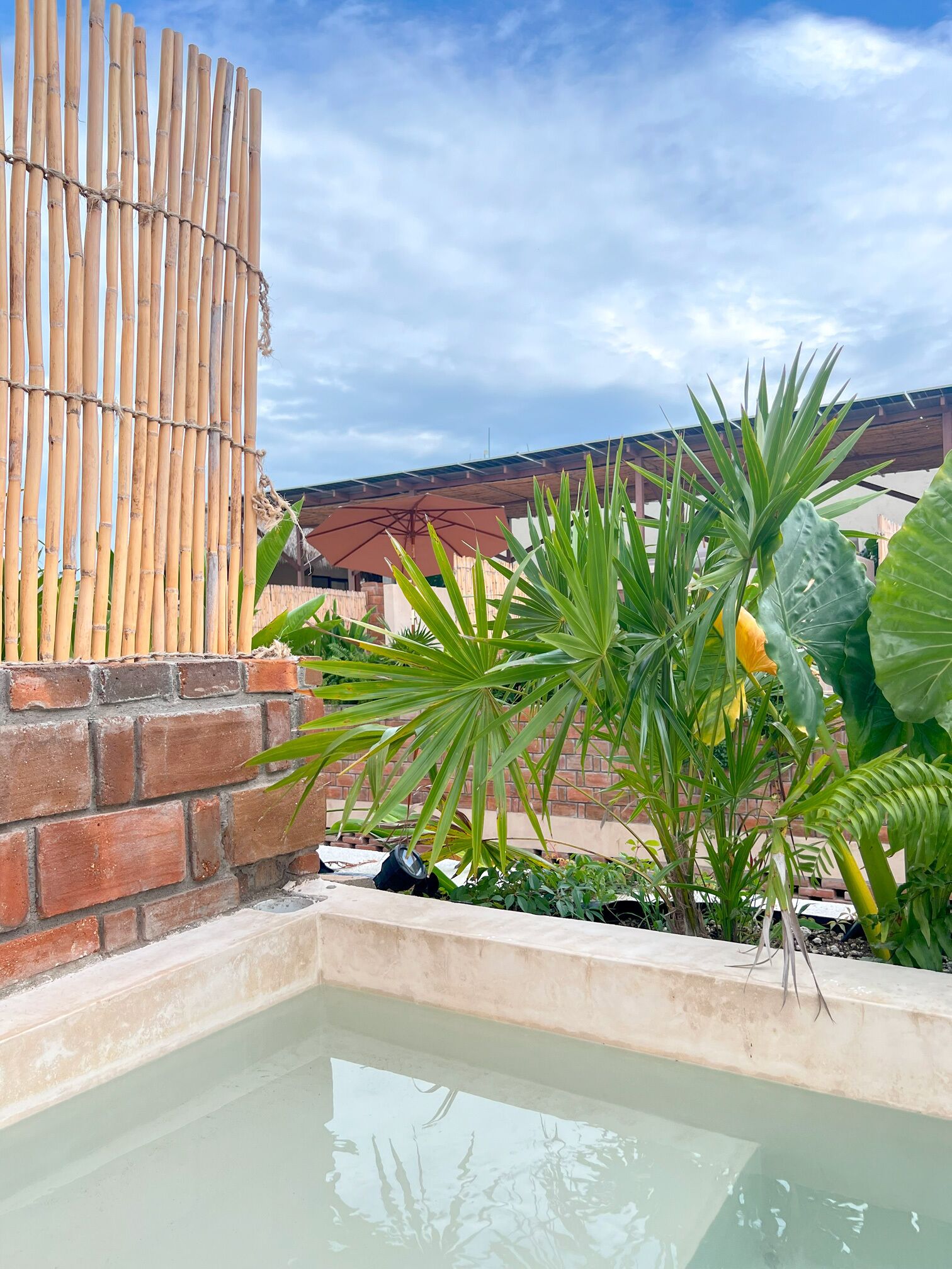 A pool area with a bamboo fence, brick wall, and various tropical plants.