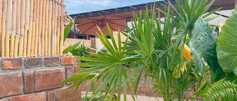 A pool area with a bamboo fence, brick wall, and various tropical plants.