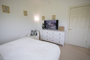 A bedroom with a bed, a dresser, a television, and a door.