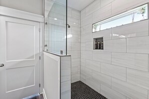Hair dryer, towels, soap, shampoo