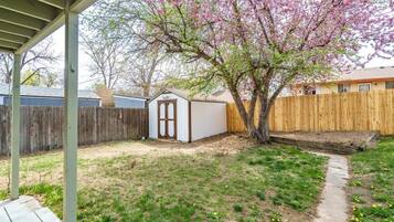 Backyard features a tree with blooming flowers, a simple shed and a wooden deck with a flat surface.