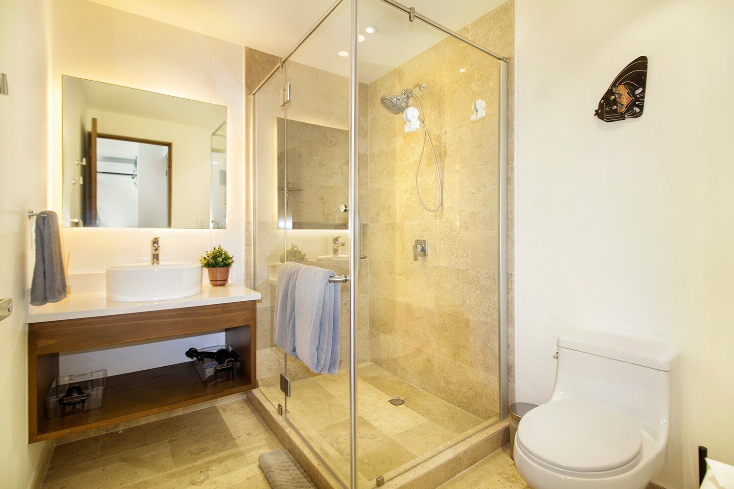 Une salle de bain moderne avec une douche à parois de verre, un lavabo blanc et des toilettes.
