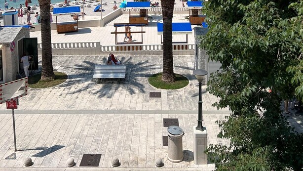 A beachside promenade with palm trees, a pool area, and a view of the sea.