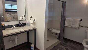 Ein Badezimmer mit zwei Waschbecken, einem Spiegel, einer Dusche und einer Toilette.