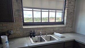 A kitchen with a double sink, a window with a view of greenery, and a towel on the counter. - The Mill Hotel (Fergus Falls)