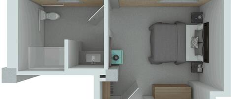 A 2-bedroom apartment layout with a bathroom, kitchenette, and a small living area.