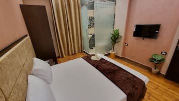 A hotel room with a bed, a TV, a shower area, and a potted plant.