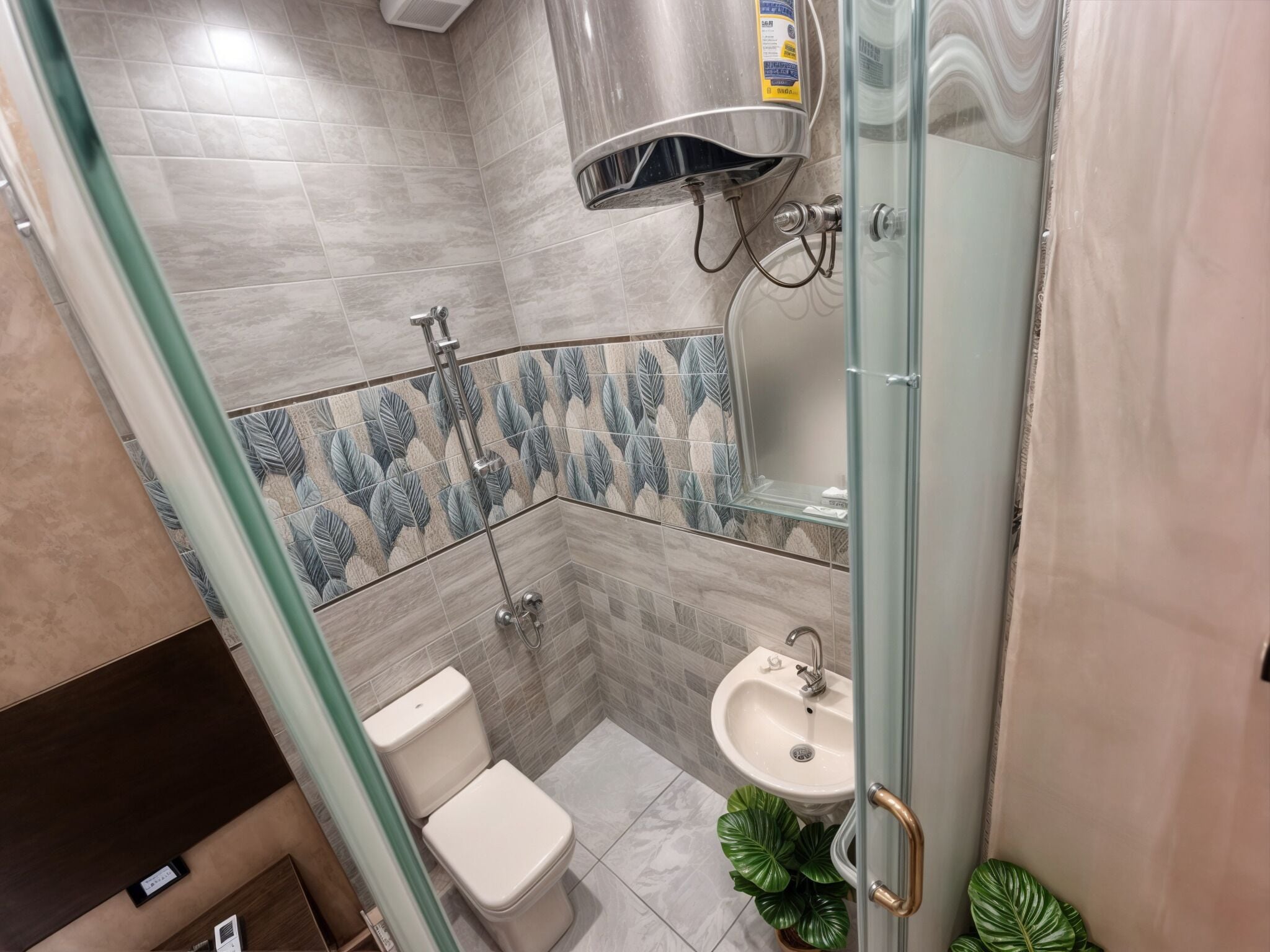 A modern bathroom with a shower, toilet, and sink.