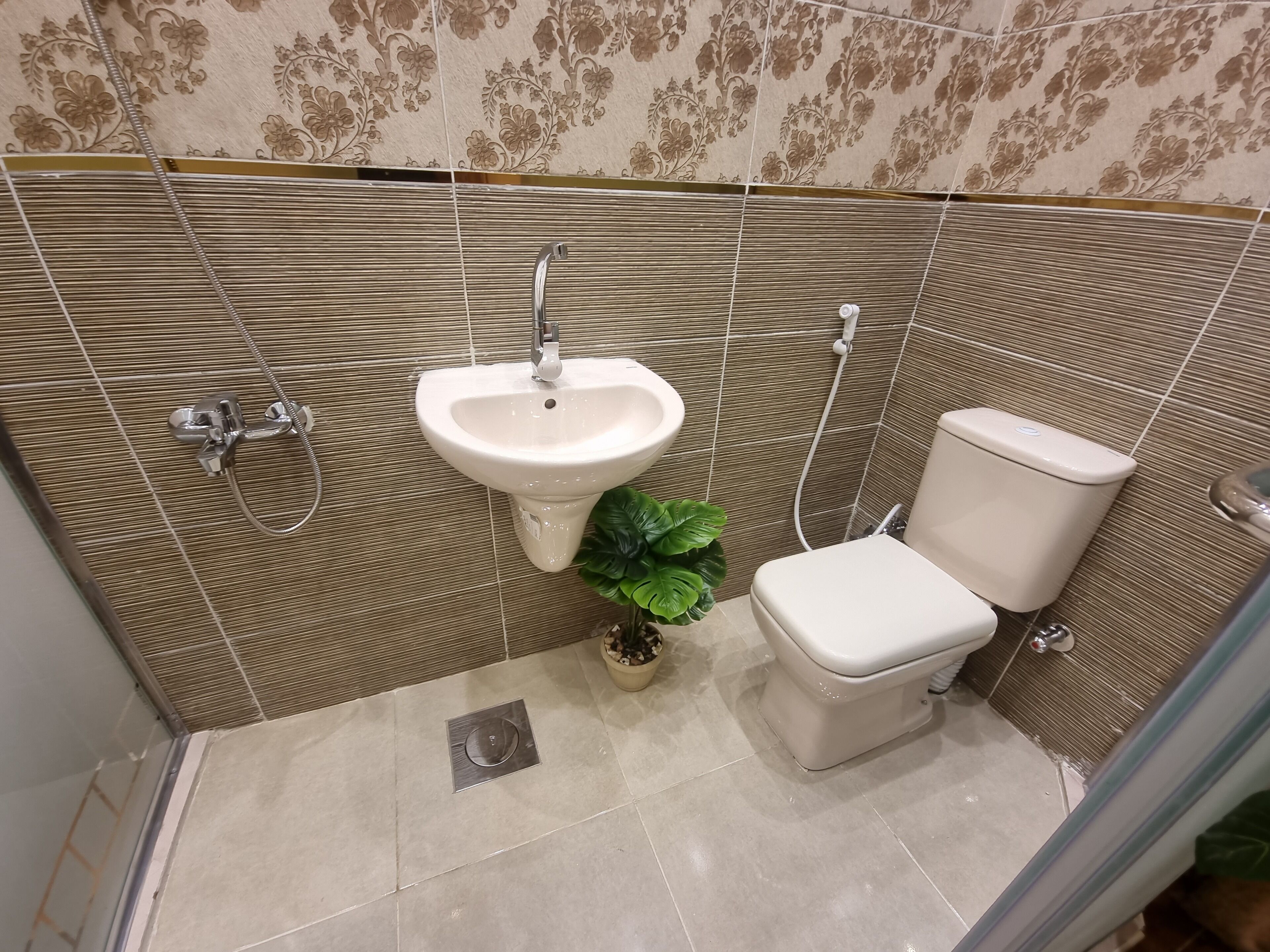 A bathroom with a sink, toilet, shower, and a potted plant.