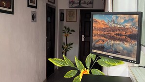Ein Zimmer mit Schreibtisch, einem Computerbildschirm, der ein Landschaftsbild zeigt, einem gerahmten Kunstwerk an der Wand und einer Zimmerpflanze.