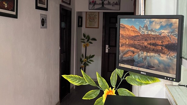 A room with a desk, a computer monitor displaying a scenic image, framed artwork on the wall, and a potted plant. - Hotel Galería & Boutique (Mexico City)