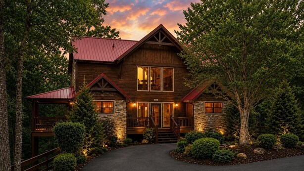 A two-story wooden house with a stone foundation, a front porch, and a driveway.
