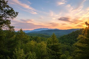 Eine bewaldete Landschaft mit Bergen in der Ferne und einem Sonnenuntergang.