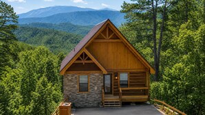 A cabin with a stone foundation, wooden exterior, and a porch. It is surrounded by a forested area with mountains in the background.