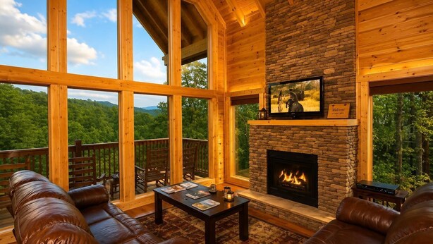 A log cabin interior with a fireplace, leather seating, and a view of the forest. - Luxury Cabin w/ All-Inclusive Resort Amenities (Pigeon Forge)