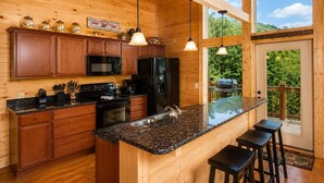 A cabin kitchen with wooden walls, a granite countertop, stainless steel appliances, and a view of the outdoors. - Luxury Cabin w/ All-Inclusive Resort Amenities (Pigeon Forge)