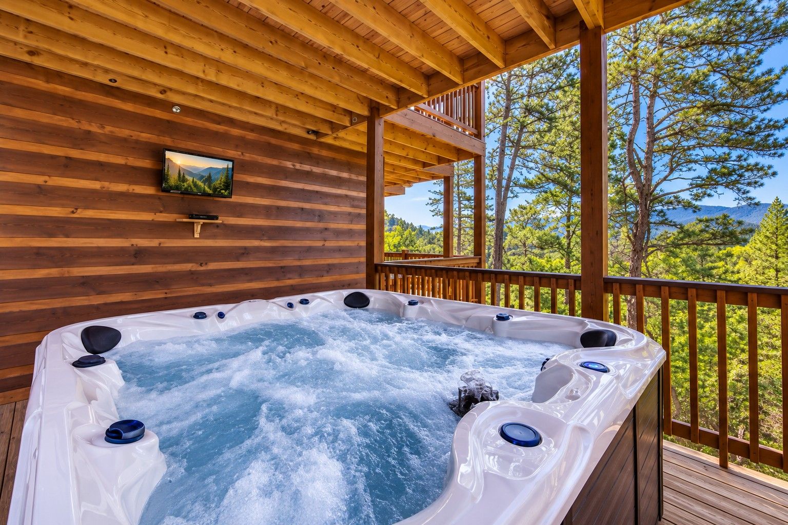 Un bain à remous sur une terrasse en bois, avec vue sur les arbres et les montagnes.