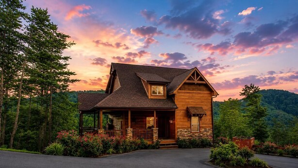 A log cabin with a porch, surrounded by lush greenery and a mountain backdrop.