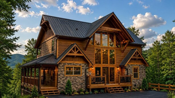 Eine zweistöckige Holzhütte mit Steinunterbau, großen Fenstern und einer Holzdielenveranda.