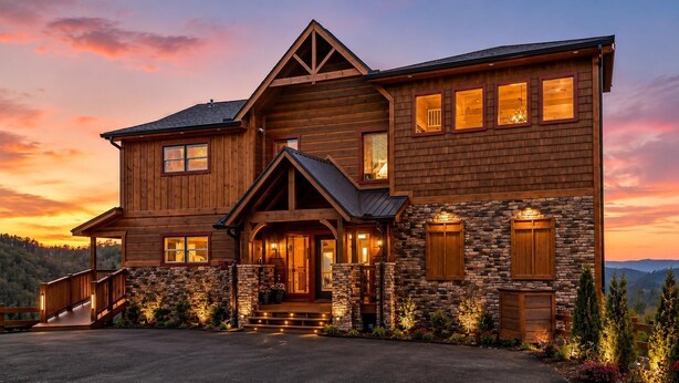 A two-story log cabin with a stone facade, a front porch, and a driveway. - Luxury Cabin w/ All-Inclusive Resort Amenities (Pigeon Forge)