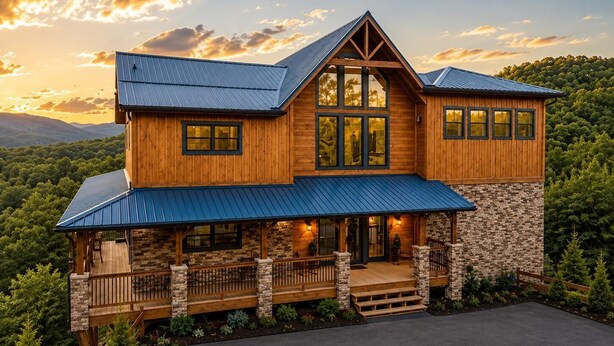 A two-story log cabin with a stone foundation, large windows, and a porch with railings. - Near Dollywood + Resort Amenities Included (Sevierville)