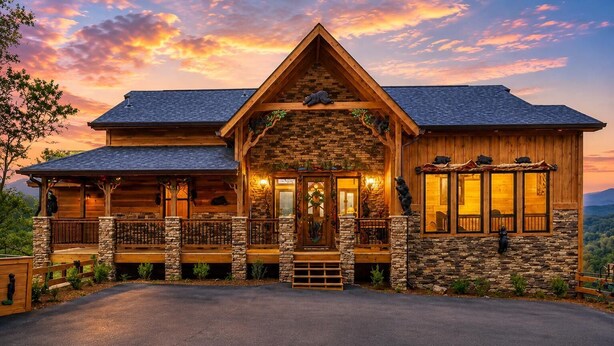 A log cabin with a stone facade, a front porch, and a large garage entrance. - Near Dollywood + Resort Amenities Included (Sevierville)