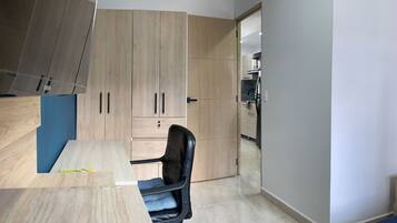 1 bedroom, desk, iron/ironing board, travel cot