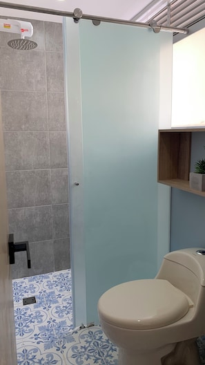 Hair dryer, towels, soap, shampoo