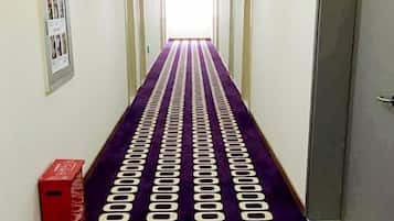 A hallway with a patterned carpet, a red box, and a door at the end.