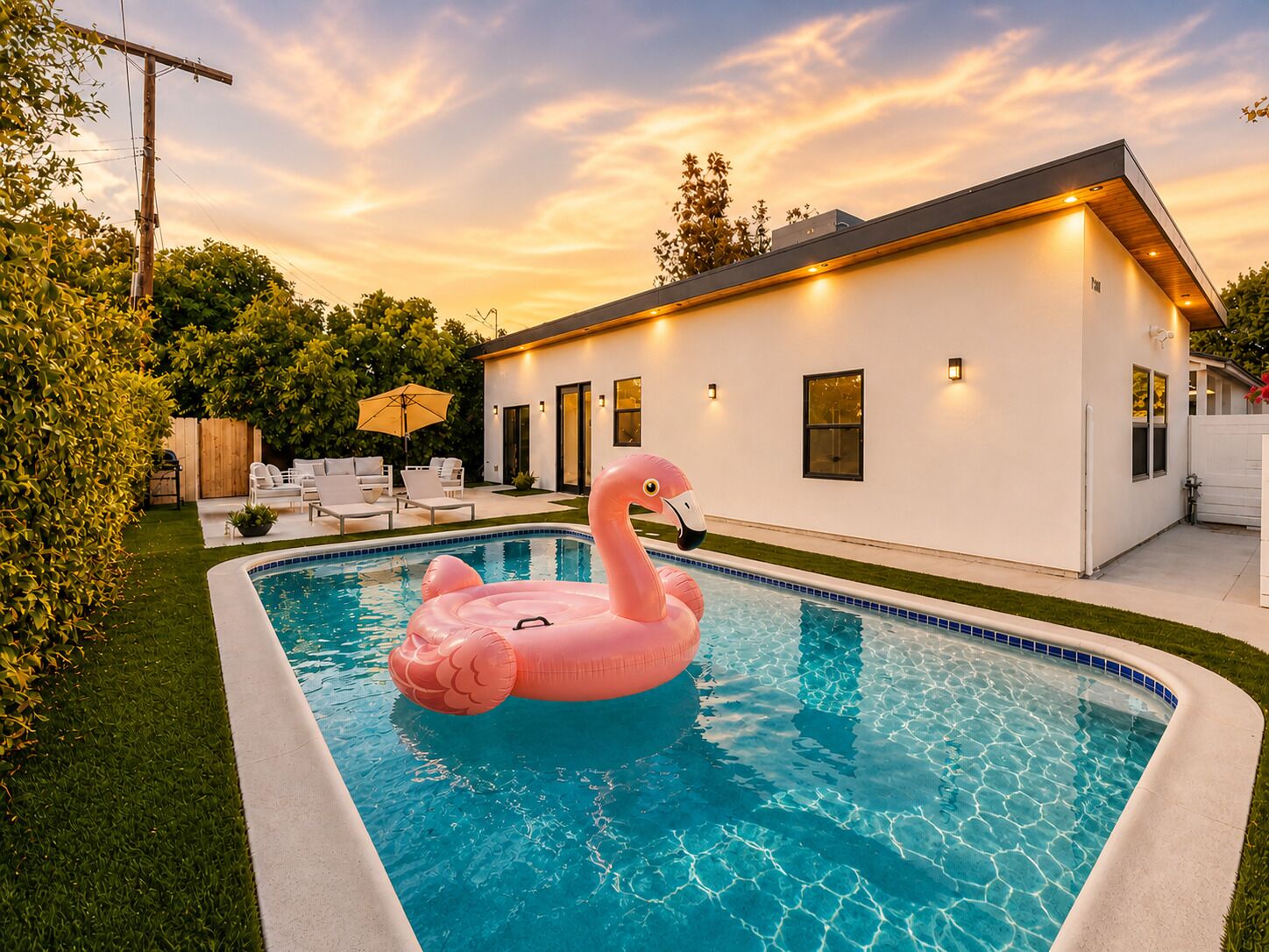 A modern house with a swimming pool, a pink flamingo float, and a well-maintained garden.