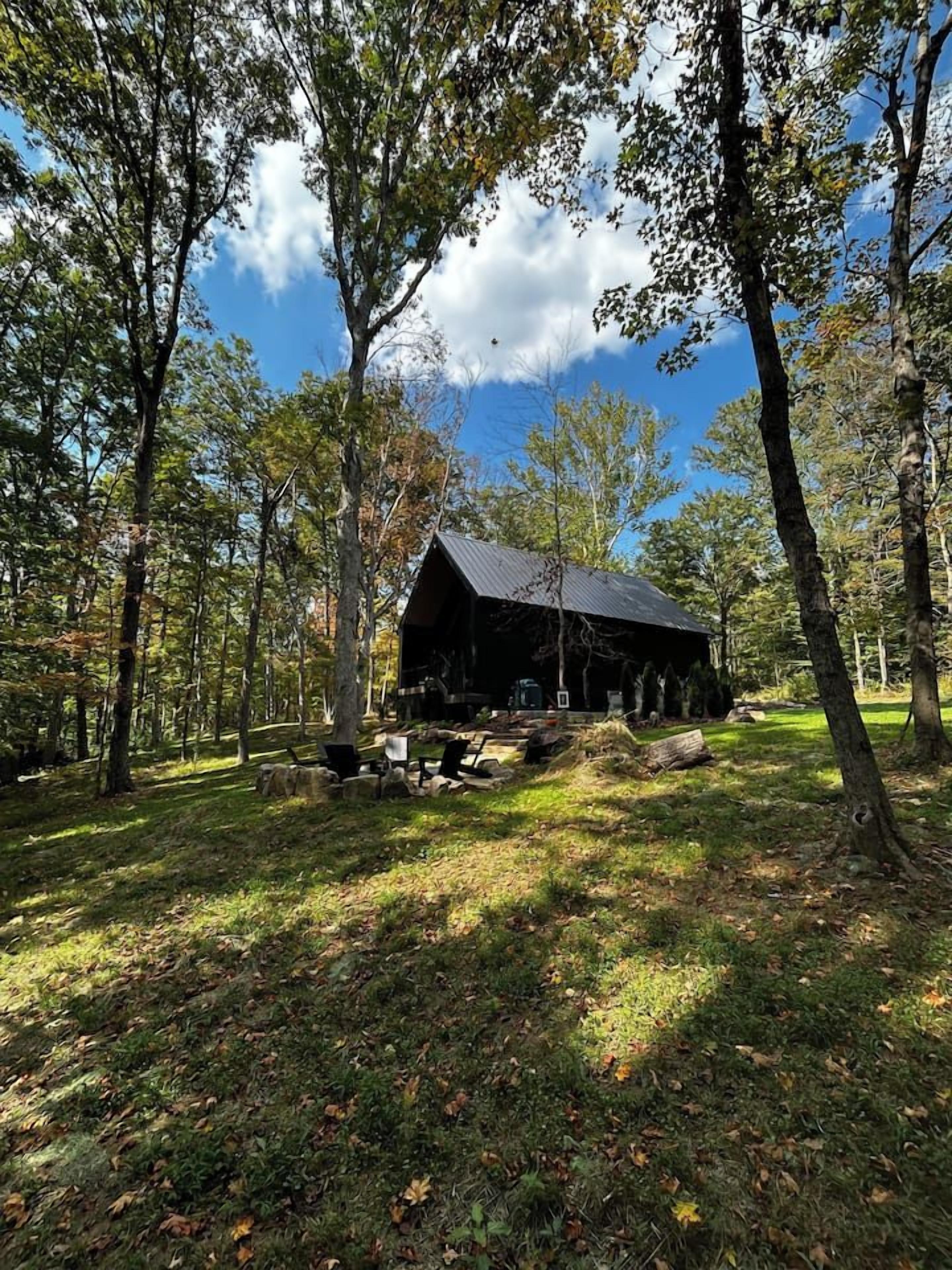 A rustic cabin in a forest with a clear sky.