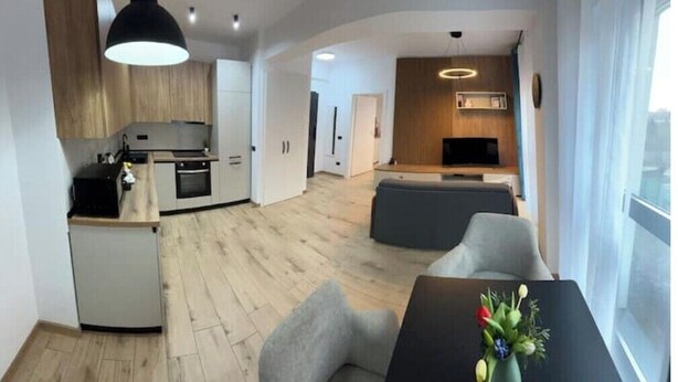 A modern apartment with a kitchen, dining area, and living space.