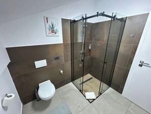 Dusche, Haartrockner, Handtücher, Shampoo