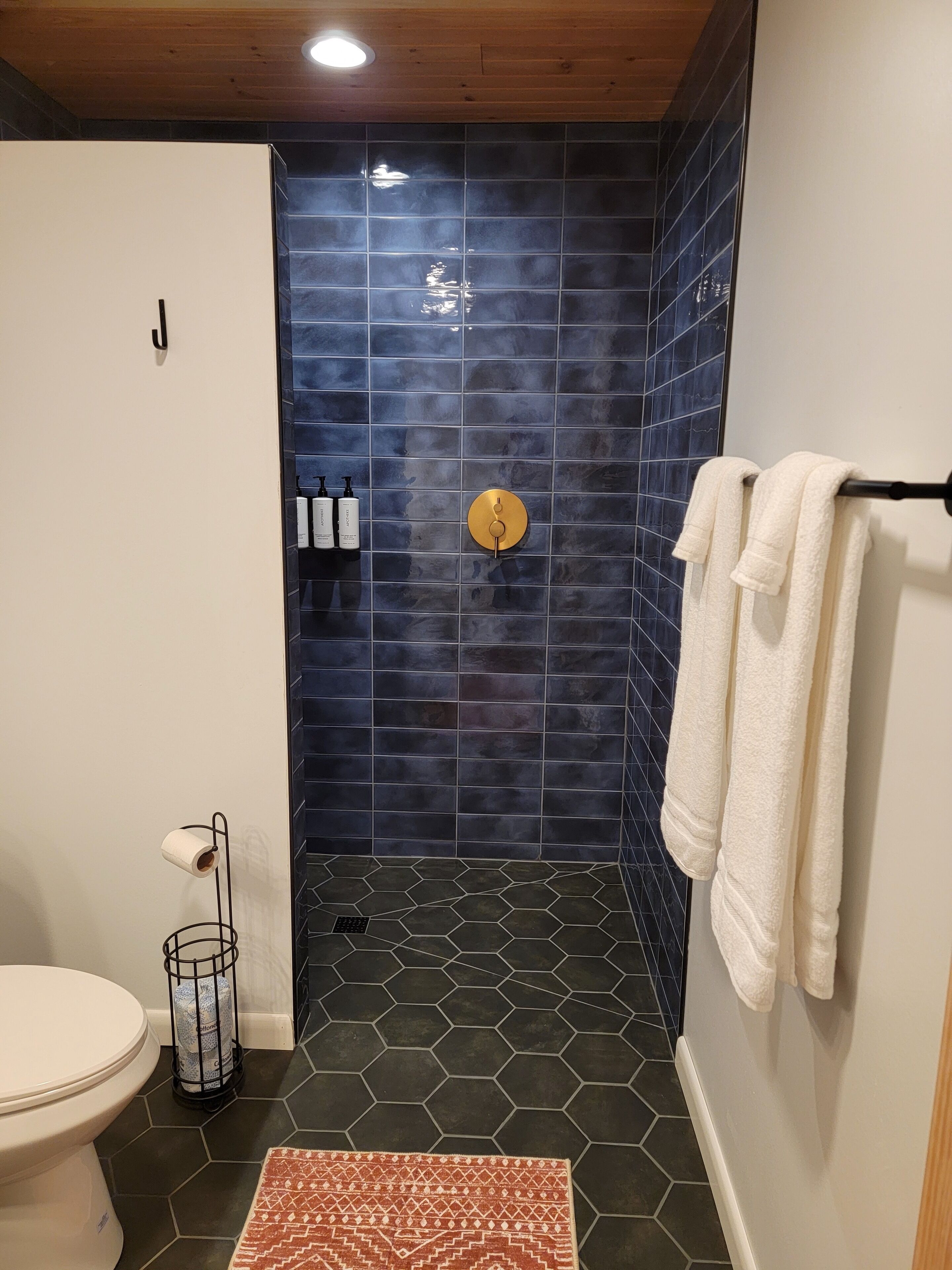 A bathroom with dark blue tiles, a gold shower knob, and a white toilet.