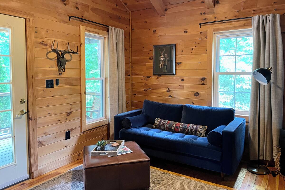A cozy cabin interior with wooden walls, a blue sofa, a small table with a tray, and a mounted deer skull.