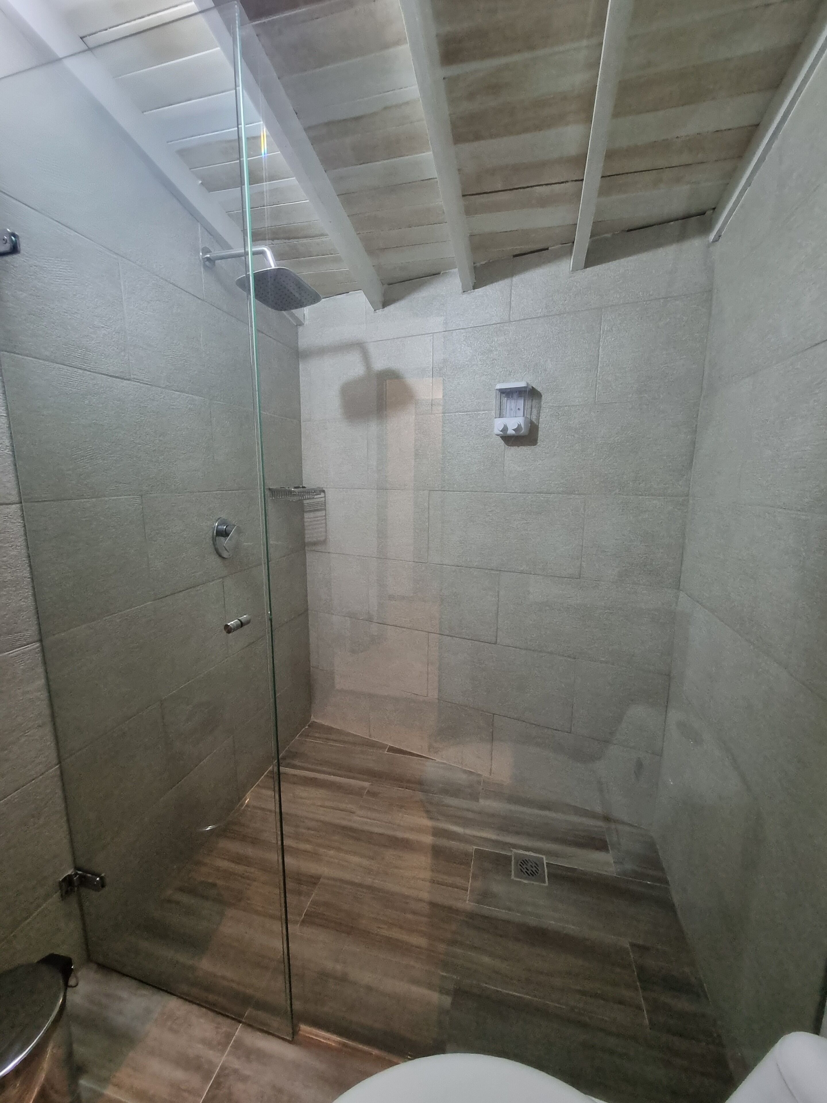 Shower, towels, soap, toilet paper