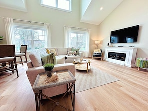 Smart TV, fireplace, books