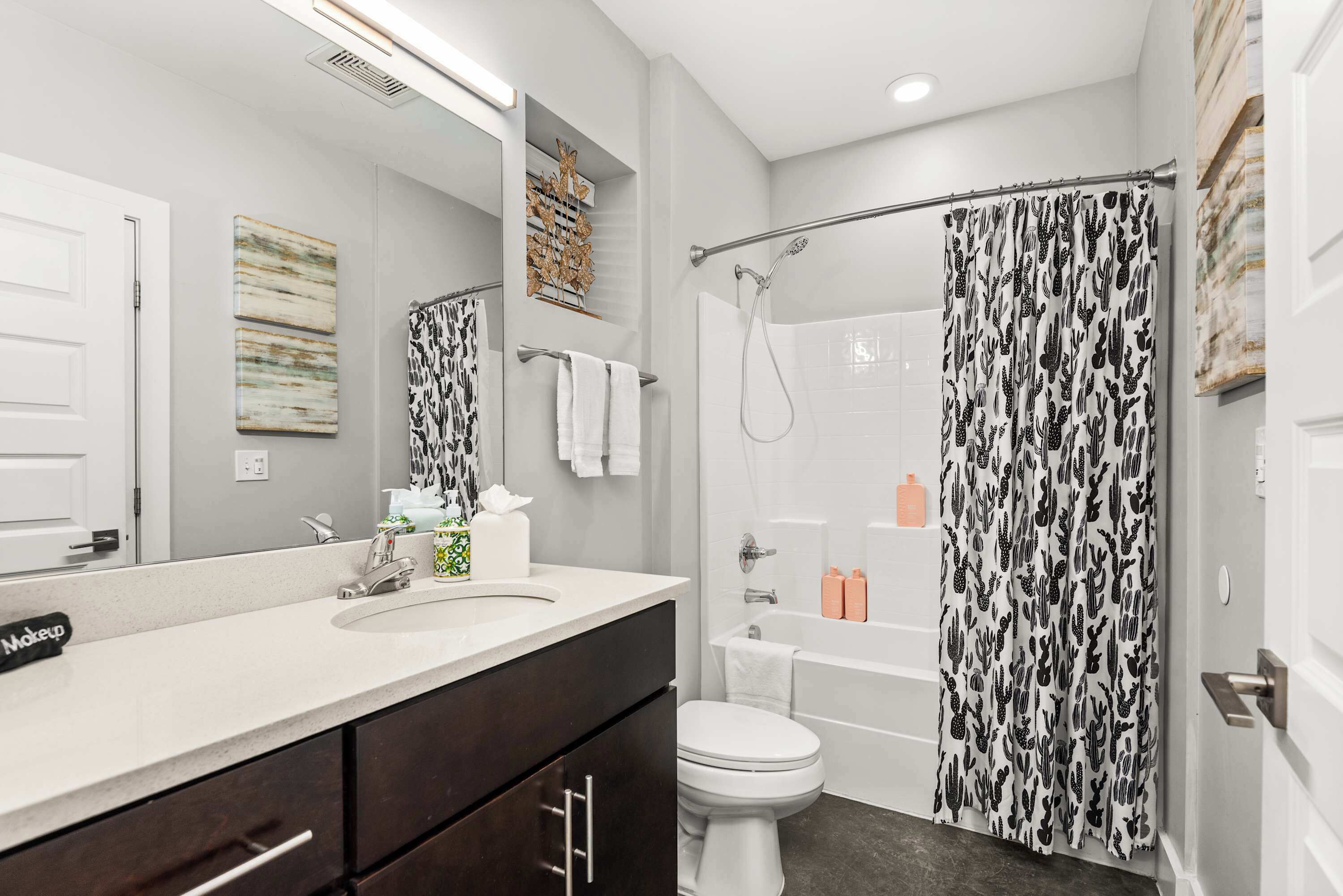 Shower, hair dryer, towels, shampoo