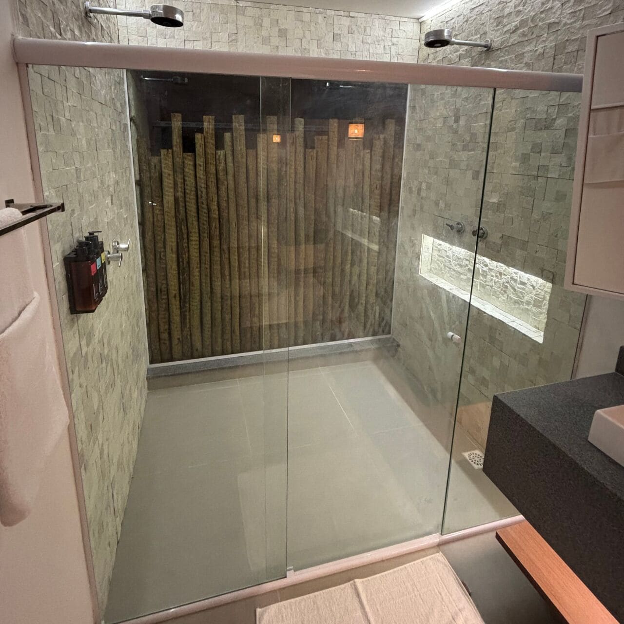 Hair dryer, towels, soap, shampoo