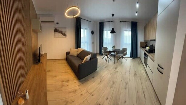 A modern apartment with a living area, dining space, and kitchen.