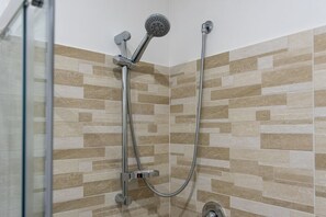 Shower, hair dryer, bidet, towels