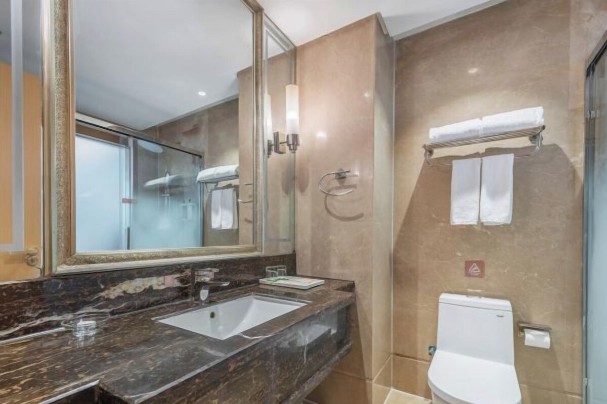 A bathroom with a marble sink, a toilet, and a large mirror.