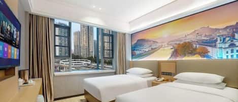 A hotel room with two beds, a large window with a cityscape view, a painting on the wall, and a television on the left side.