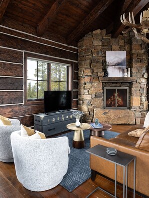 Smart TV, fireplace, books, stereo