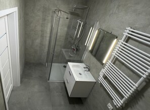 Douche, serviettes fournies, savon, shampoing