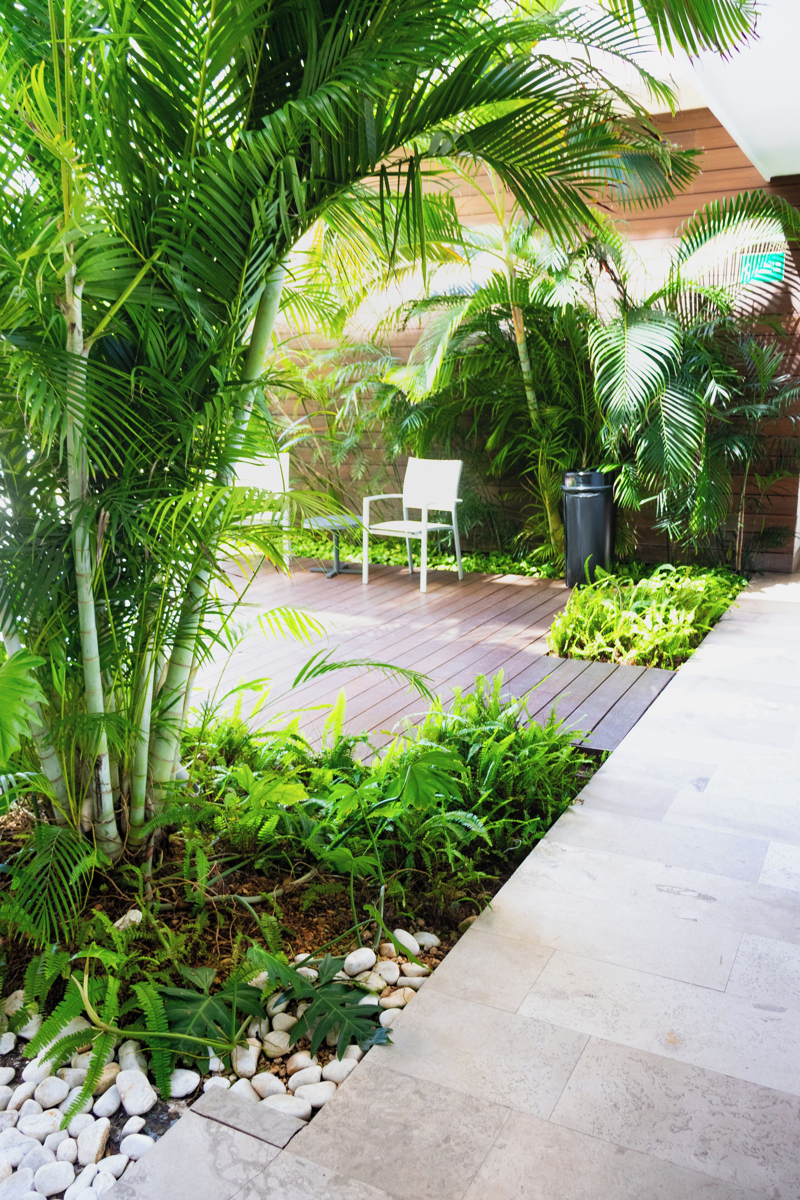 A patio area with a wooden deck, white chair, and lush greenery including palm trees and ferns.