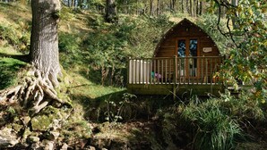 A wooden cabin with a balcony, surrounded by trees and a grassy hill. - Secluded Woodland Cabin in North Cumbria (Brampton)