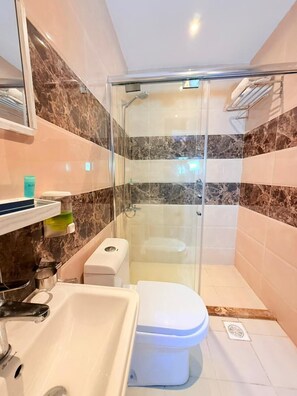 Un baño moderno con ducha envuelta en vidrio, un inodoro blanco y un lavamanos con espejo.